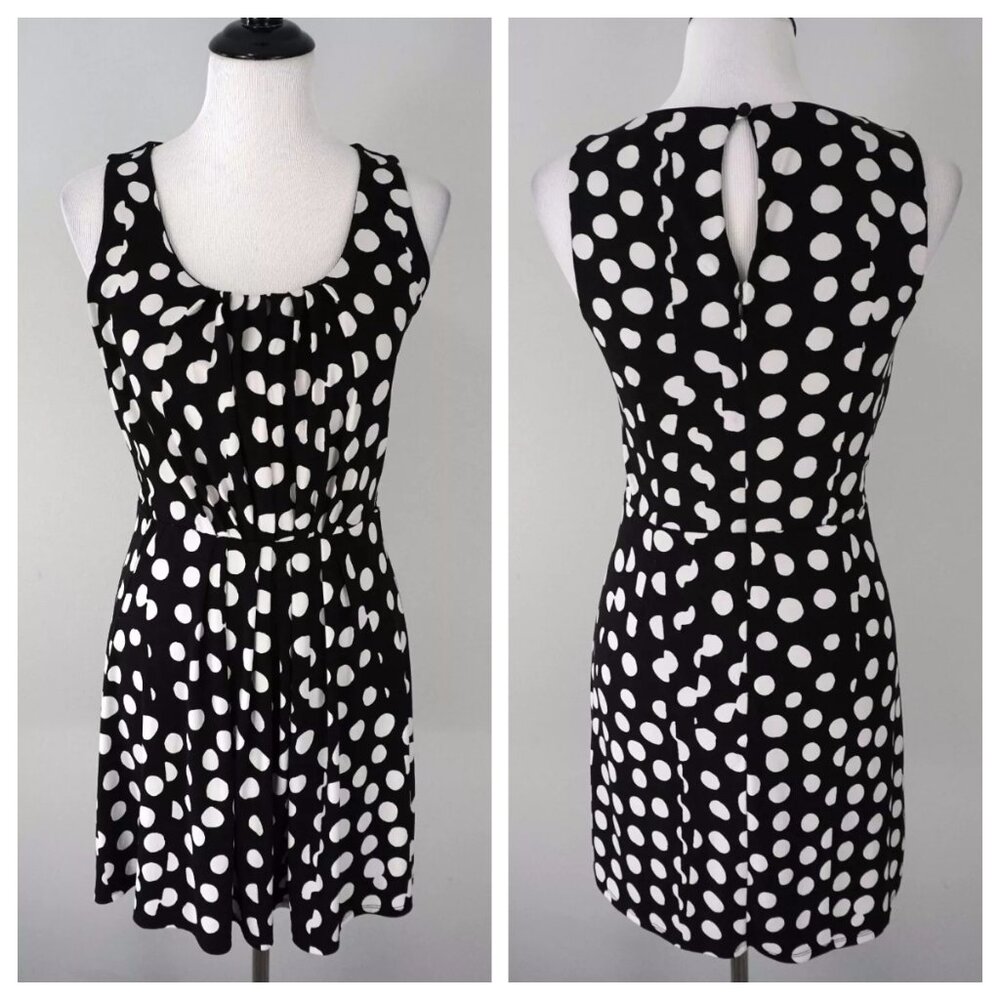 White House Black Market Black White Polka Dot Pleated Stretch A-Line Dress 4
